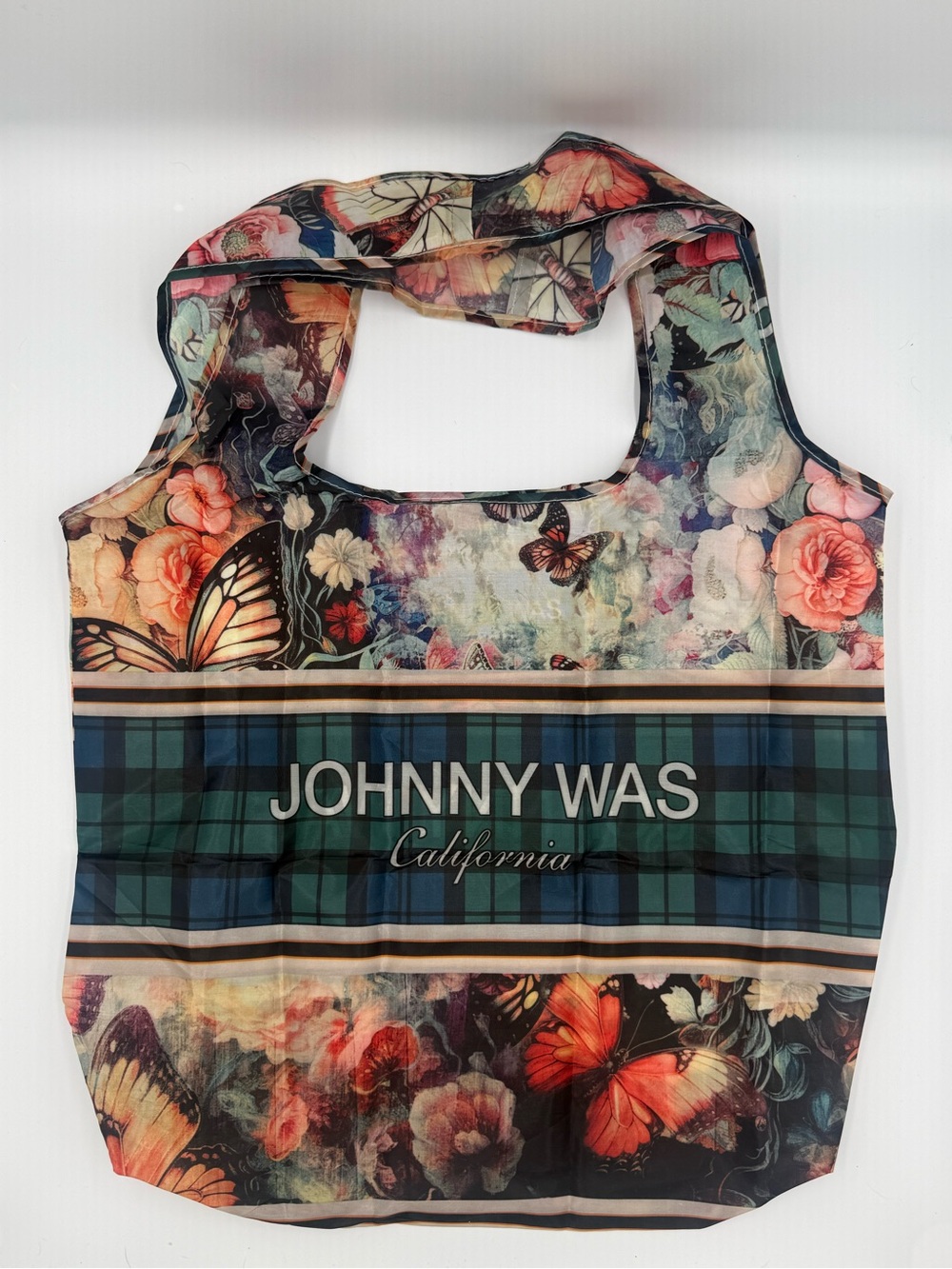 NEW Johnny Was - Floral w/ centered Plaid Strip Nylon Shopping Bag
